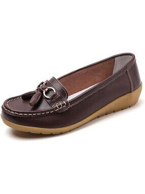 Women Coffee Leather Round Toe Casual Slip-on Boat Comfort Soft Sole Leather